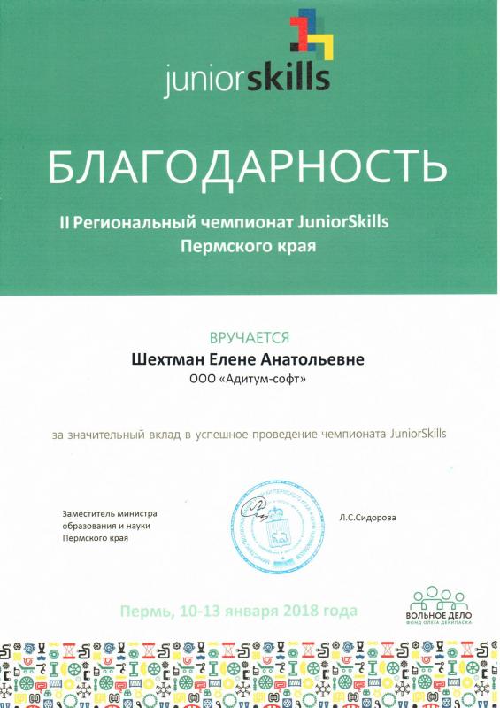 Благодарность за участие в организации и проведении II Регионального чемпионата JuniorSkills Пермского края 